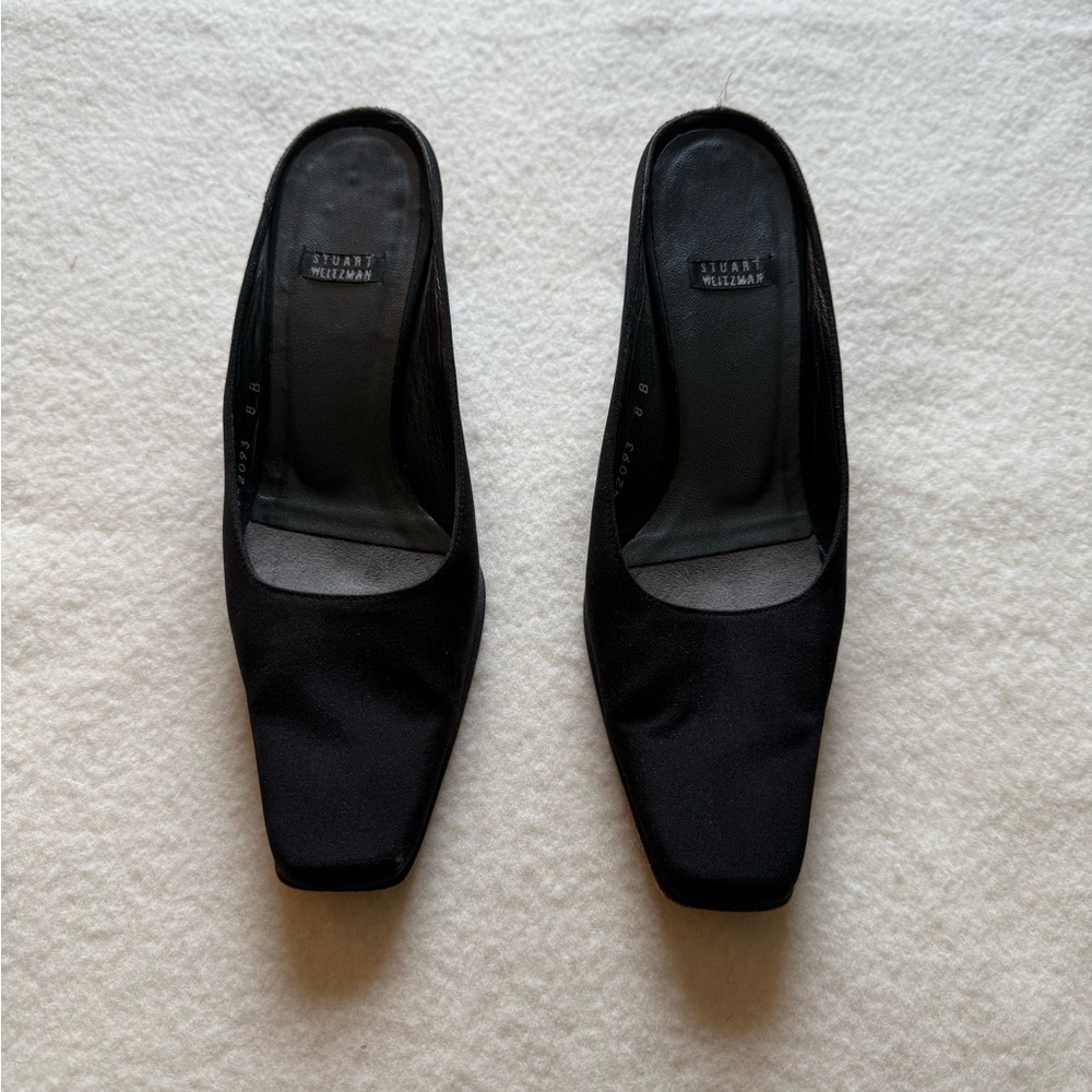Vintage Stuart Weitzman Black Square Toe Kitten Heel Mules 8